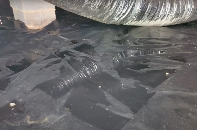 Mold and moisture damage on floor joists inside a residential crawl space